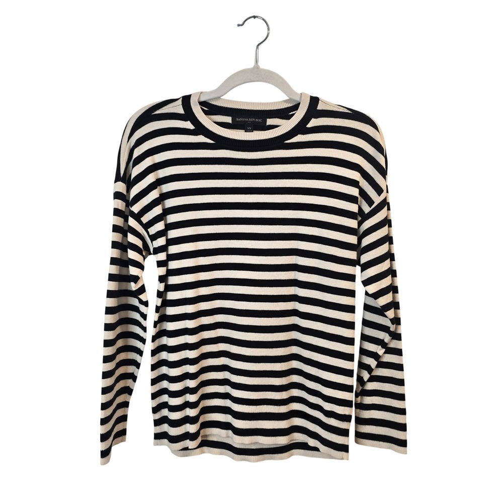 Banana Republic Sweater Women XS Black Off White Striped Crewneck Long Sleeve